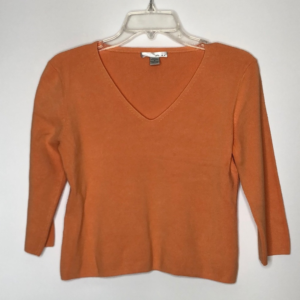 WD.NY Womens Orange Silk Blend Knit Stretch V-Neck Pullover Sweater M MEDIUM